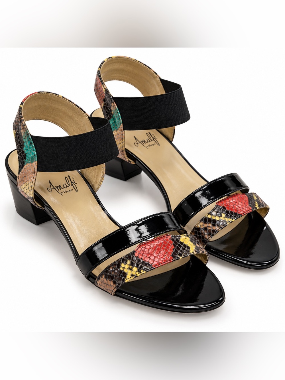 Amalfi by Rangoni Black Multicolor Snakeskin Sandals Low Heel Size 9.5 N